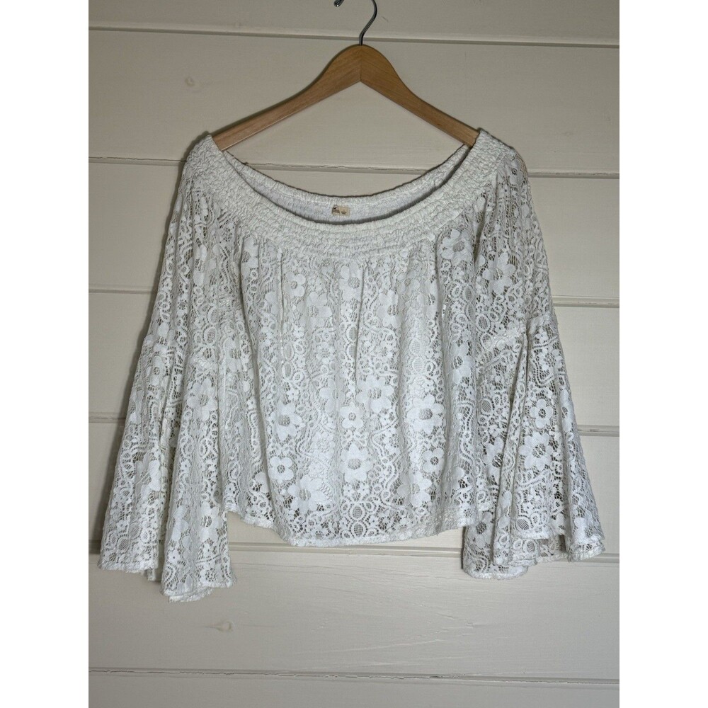 Hollister Large White Floral Lace Off the Shoulder Top Bell Sleeve Coquette